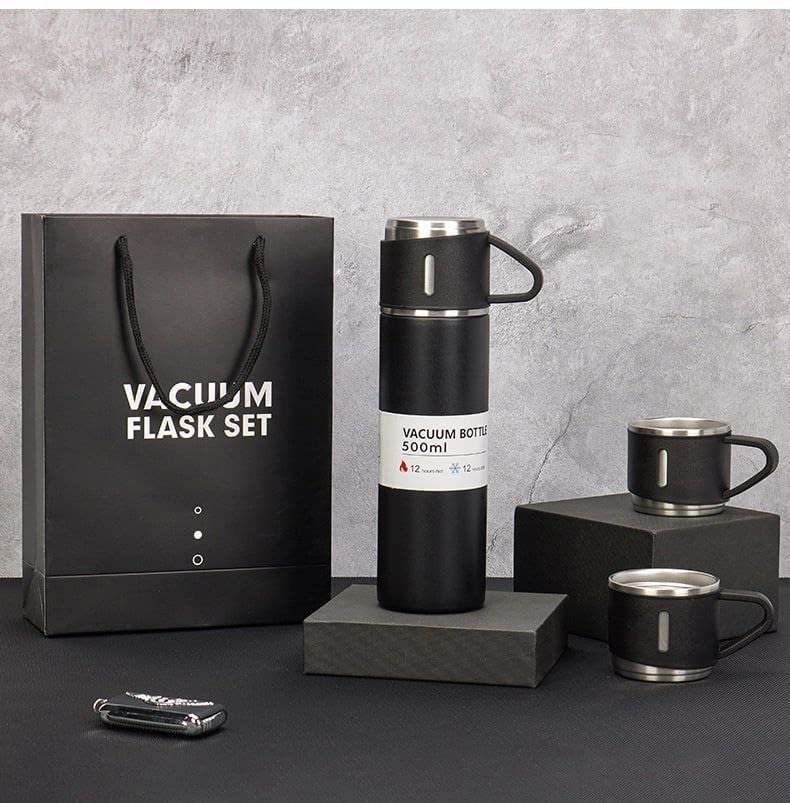 Premium Stainless Steel Vacuum Flask Set – 500ml Thermos with 3 Travel Cups