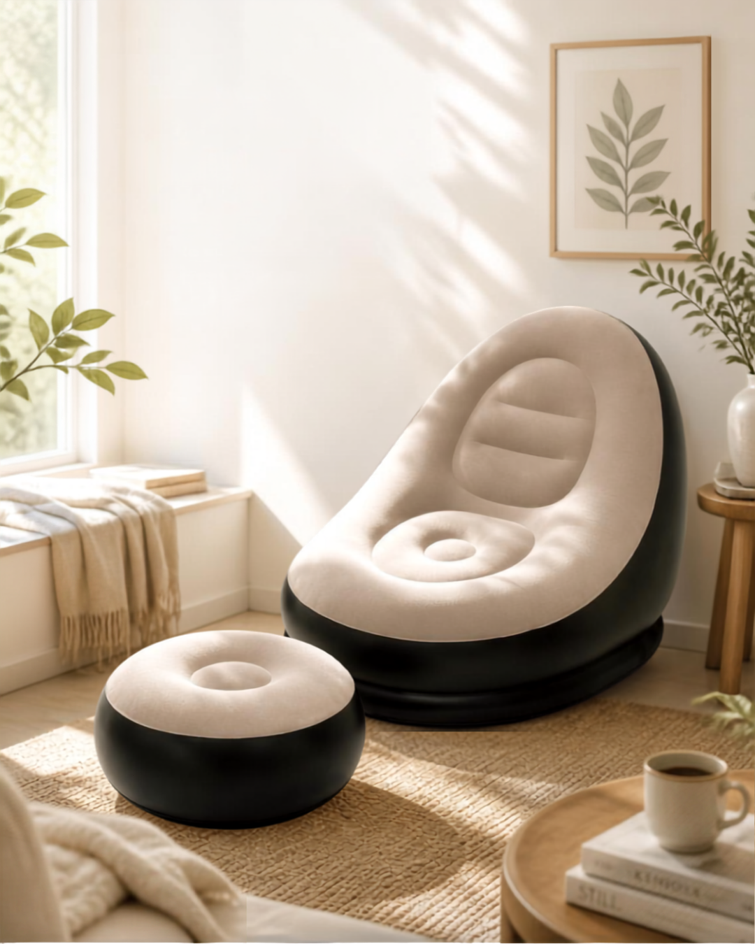 premium Inflatable Ultra-Lounge Air Sofa & Ottoman Set – Ergonomic Flocked Lazy Chair