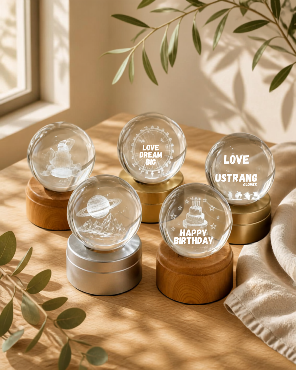 Premium 3D Galaxy Crystal Ball LED Night Light with Wooden Base