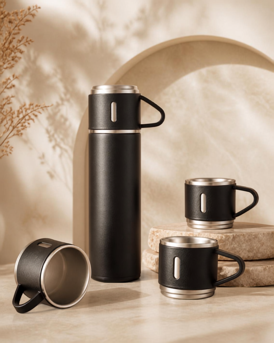 Premium Stainless Steel Vacuum Flask Set – 500ml Thermos with 3 Travel Cups