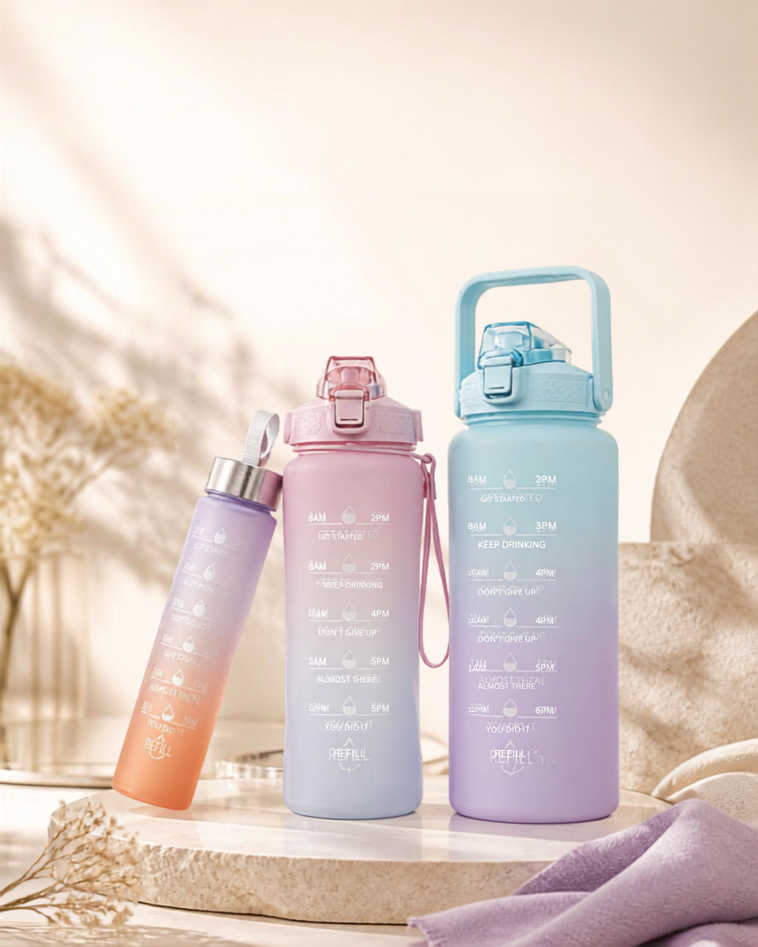 3-Piece Motivational Water Bottle Set – Leakproof BPA-Free Jugs with Time Markers