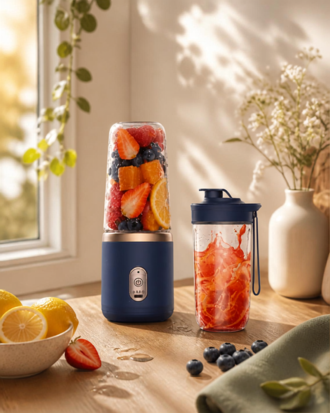 Portable Electric Juice Blender & Smoothie Maker – 2-in-1 USB Rechargeable Travel Cup