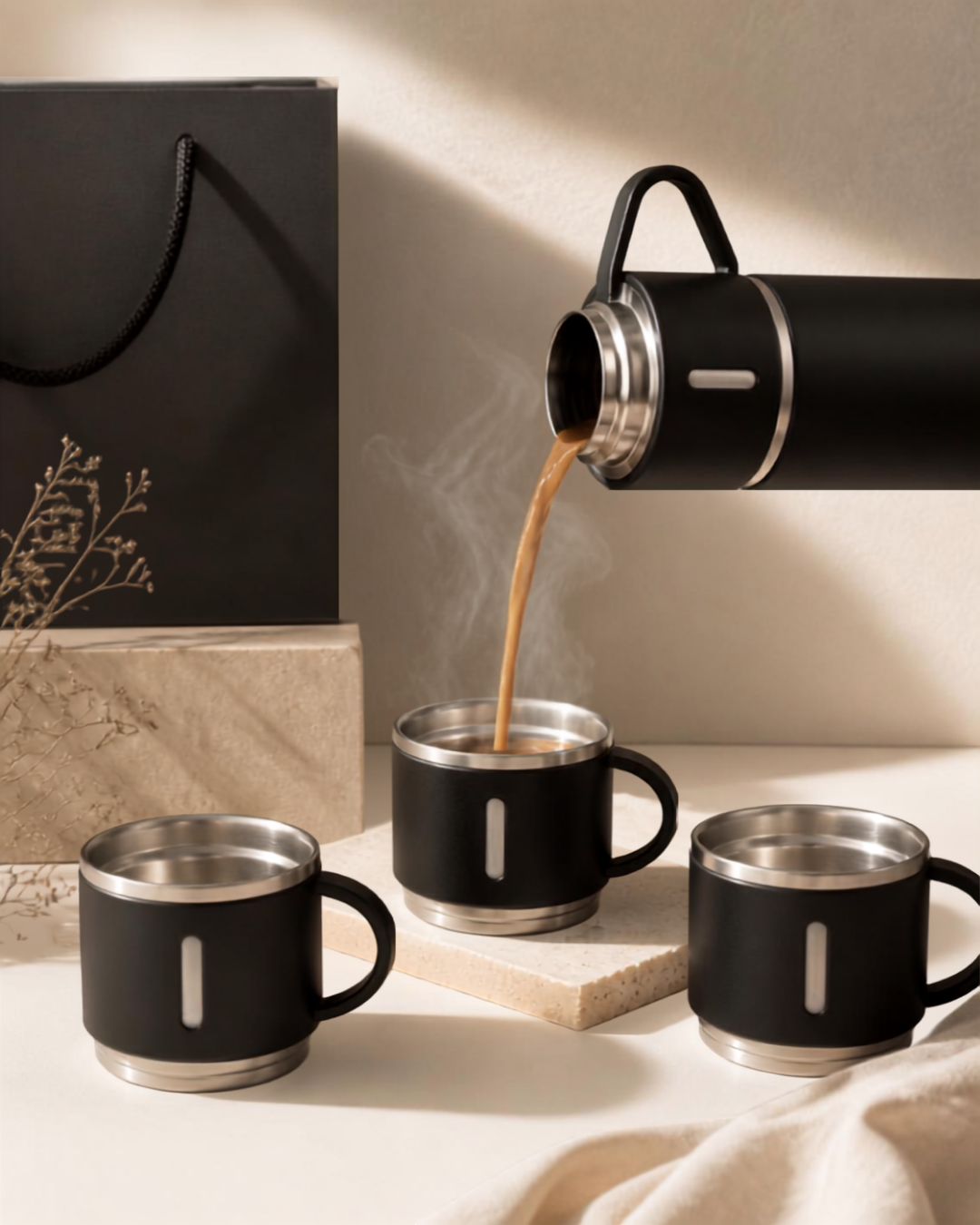 Premium Stainless Steel Vacuum Flask Set – 500ml Thermos with 3 Travel Cups