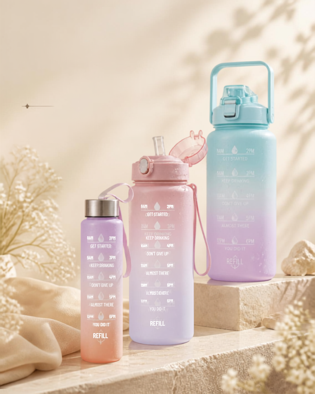 3-Piece Motivational Water Bottle Set – Leakproof BPA-Free Jugs with Time Markers