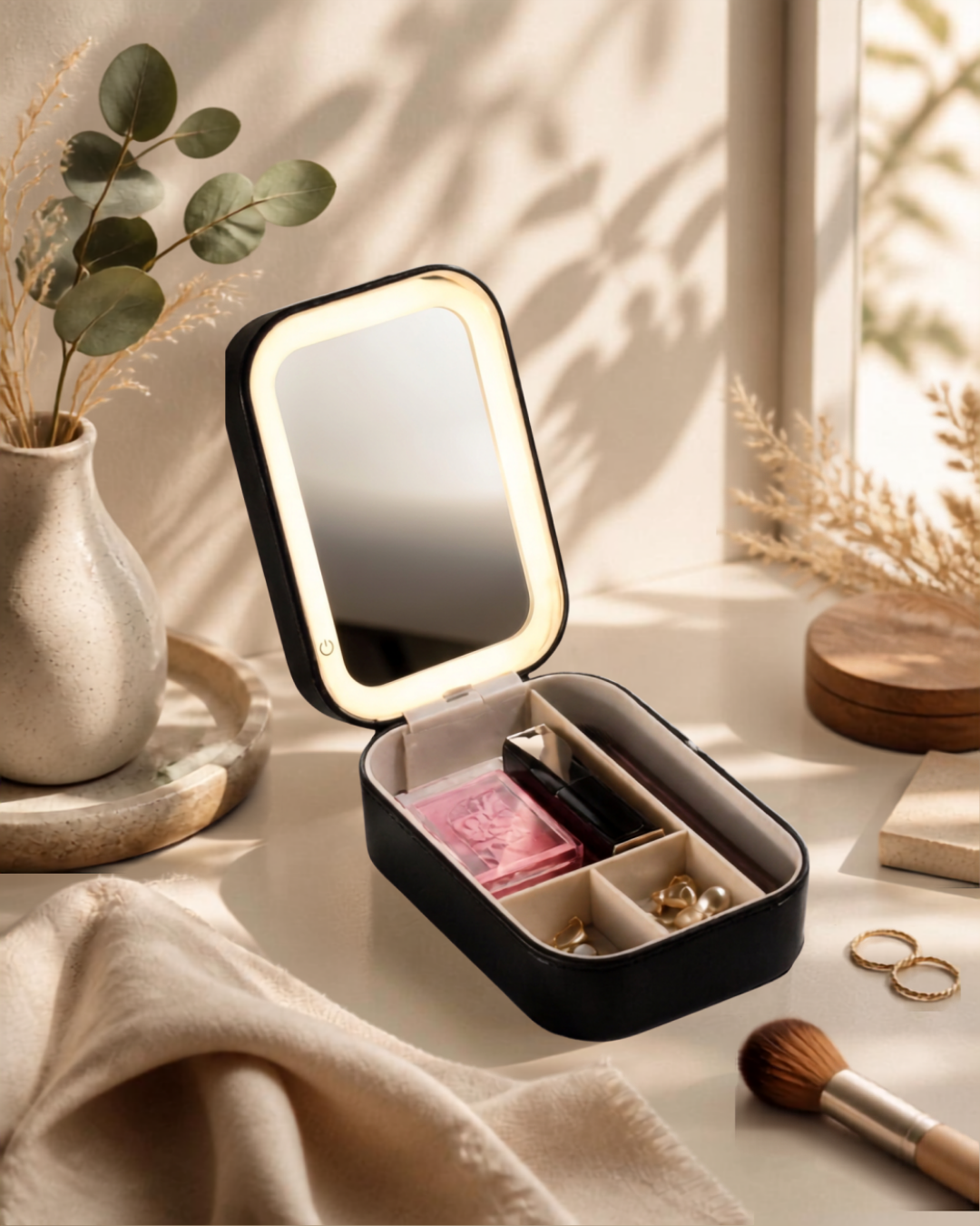 Premium Portable Travel Makeup Organizer Box with LED Light Mirror