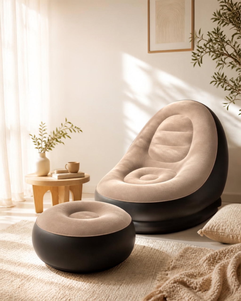 premium Inflatable Ultra-Lounge Air Sofa & Ottoman Set – Ergonomic Flocked Lazy Chair