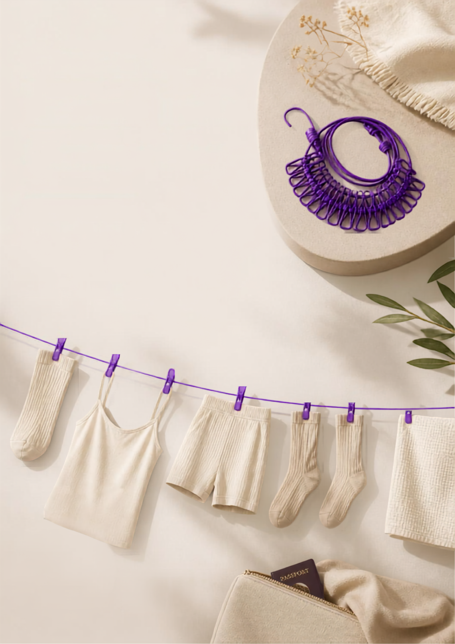 Portable Elastic Travel Clothesline – Adjustable 12-Clip Retractable Laundry Rope