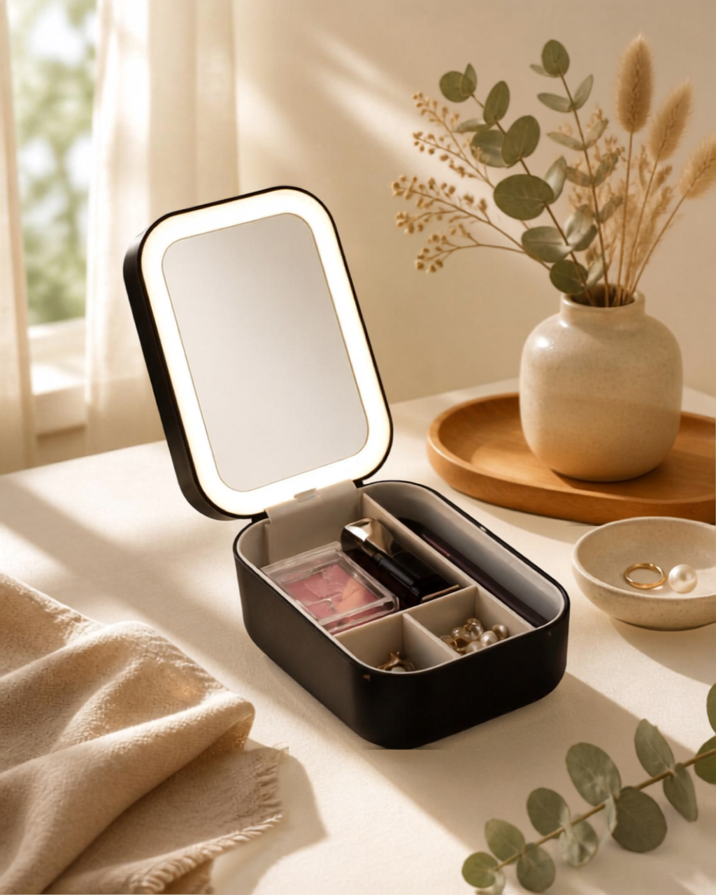Premium Portable Travel Makeup Organizer Box with LED Light Mirror