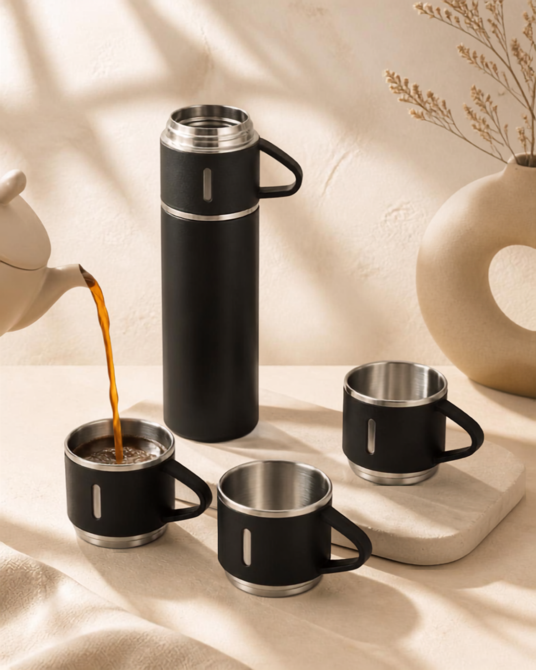 Premium Stainless Steel Vacuum Flask Set – 500ml Thermos with 3 Travel Cups