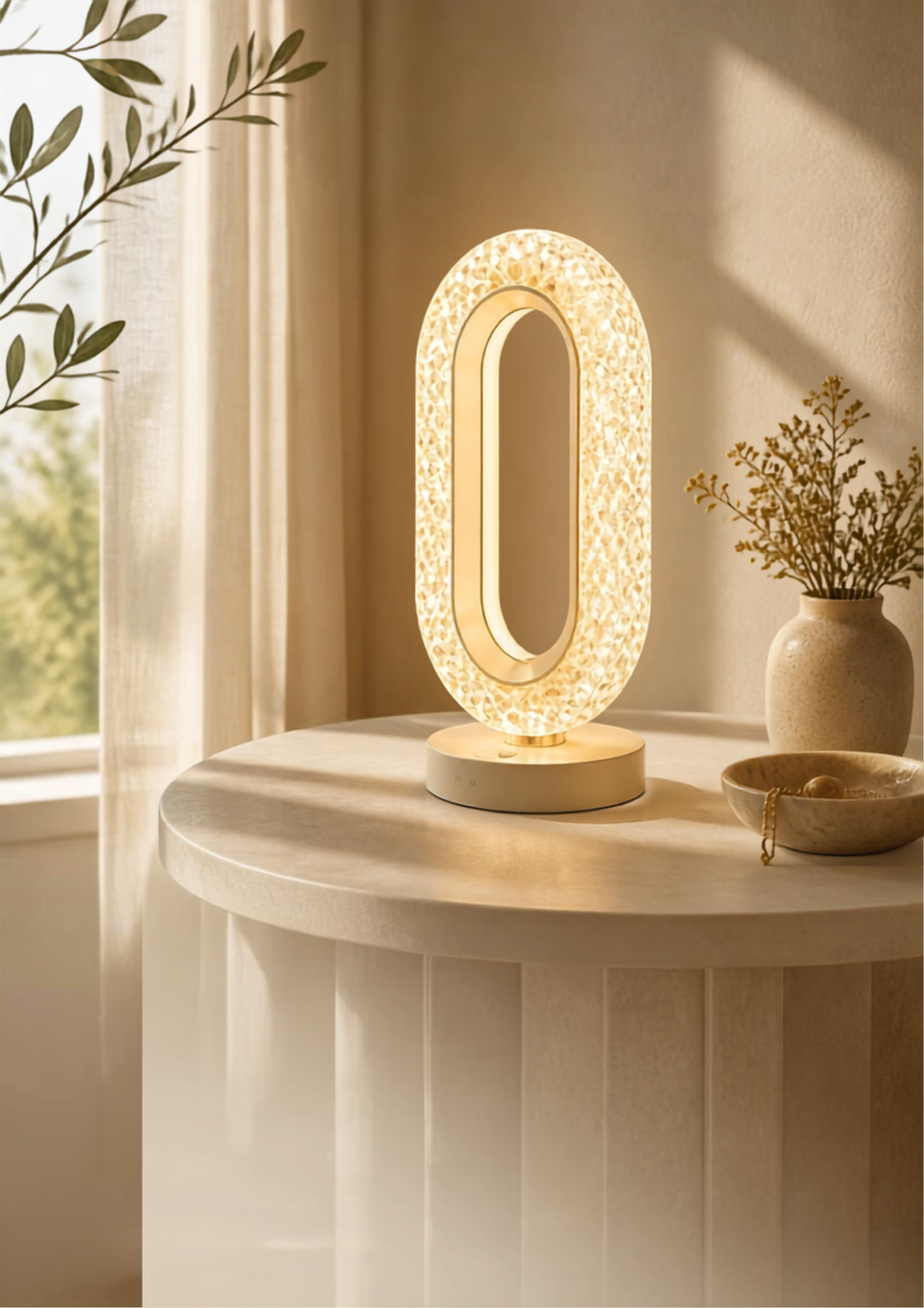 Premium Oval Crystal Halo LED Table Lamp – 3-Mode Dimmable Luxury Ambiance Light