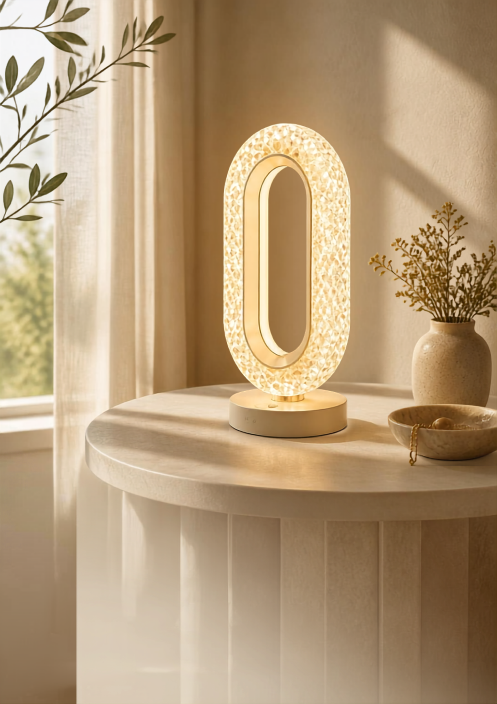 Premium Oval Crystal Halo LED Table Lamp – 3-Mode Dimmable Luxury Ambiance Light