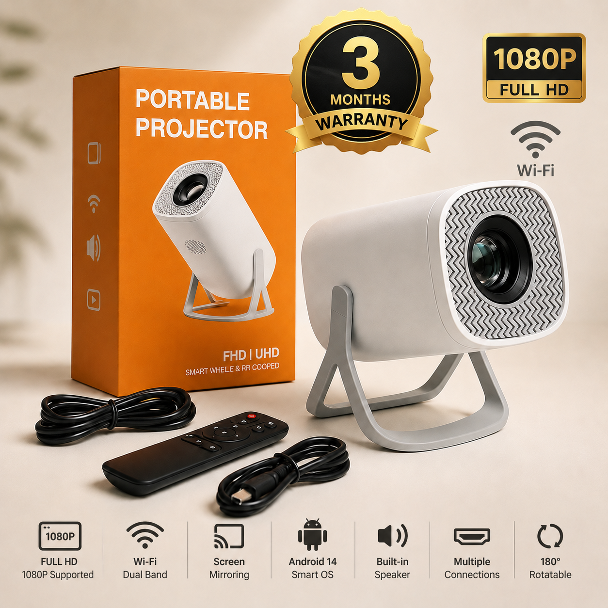 Smart Android 14 Portable Projector | 1080P HD, WiFi, Bluetooth & Screen Casting